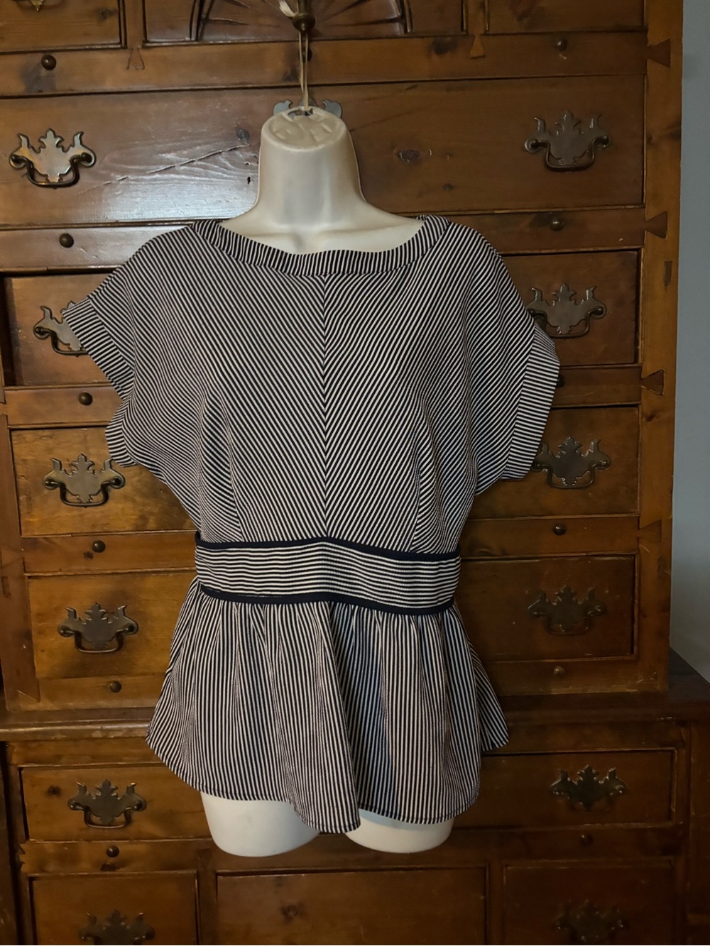 Monteau Navy and White Striped Peplum Tunic